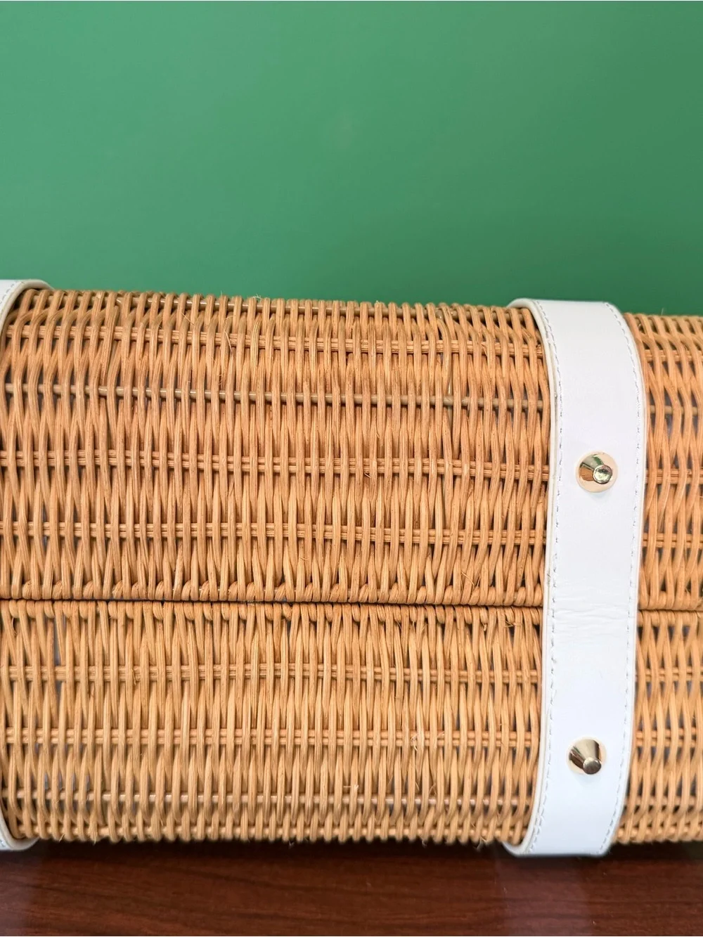 Vintage Style Wicker Rattan Box Handbag White Trim Gold Hardware
